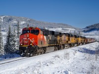 CN ES44AC 2909, UP AC4400CW 6031, UP SD70ACe 8438, UP AC4400CW 6184 and UP SD70ACe 8721 with the help of CN ES44AC 3867 mid train ease Grande Prairie-Swan Landing train A459's 109 car train south on the Grande Cache Sub.