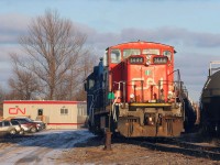 CN GMD1u 1444 has just returned from Guelph with a GMTX GP38-2 on L540 and is viewed near the CN Operations Centre in the Kitchener yard.