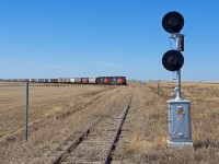 CN# 540 is about to cross the long out of service portion of the CP Kerrobert Sub just outside Rosetown Saskatchewan.  