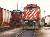 Two sets of power are seen at Canadian Pacific's Quebec Street yard in London. The power included, CP 8232/HATX 510 and HATX 518/HATX 517. At this time, CP was utilizing several 4-axle HATX/HELM leasing units on their local assignments across Southern Ontario on the STL&H.