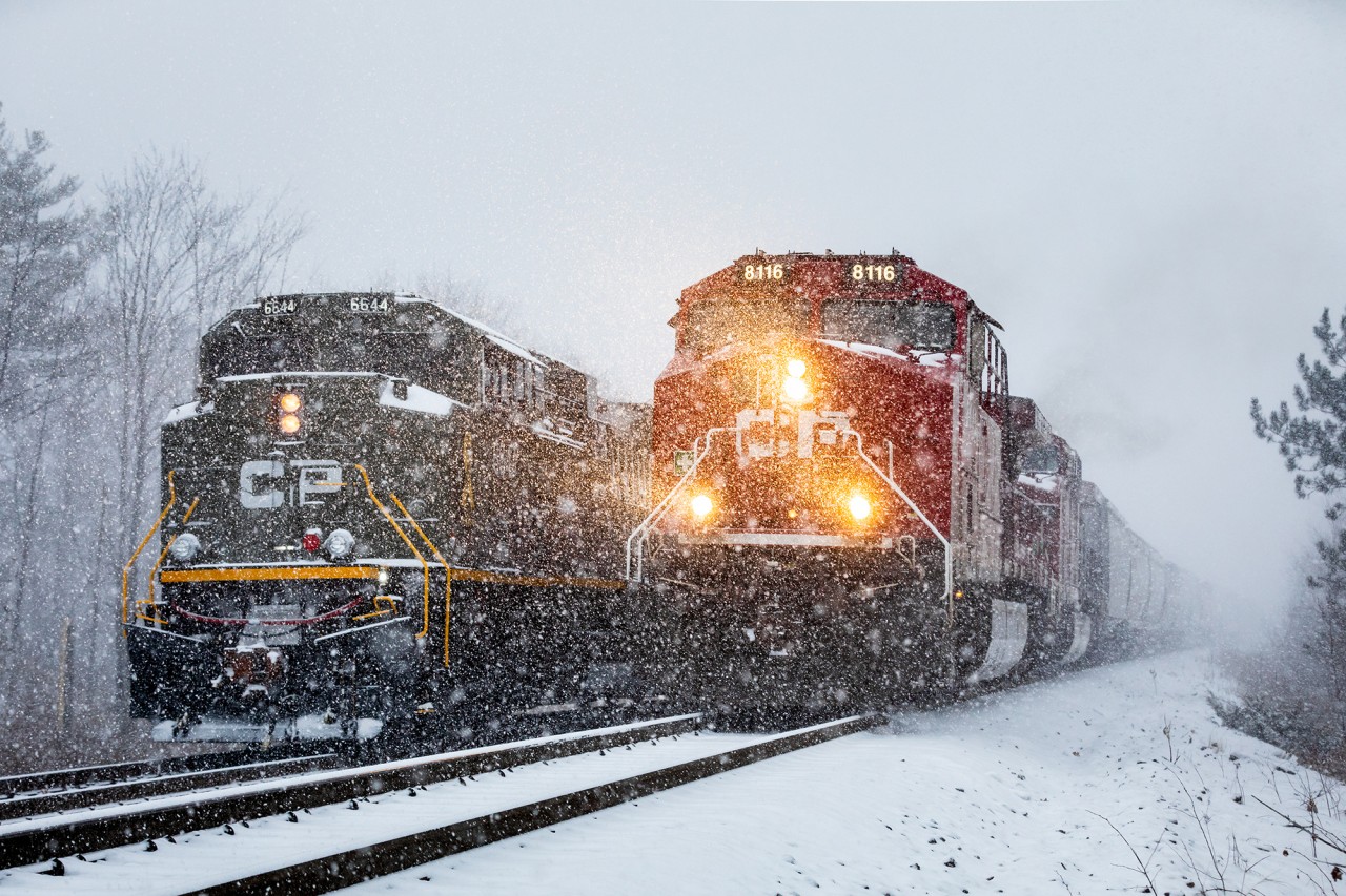 Canadian Pacific 6644 brings up the rear of train no. 112 as 8116 eases by on the main with Edmonton-bound no. 119, during a whiteout at MacTier, Ontario.