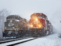 Canadian Pacific 6644 brings up the rear of train no. 112 as 8116 eases by on the main with Edmonton-bound no. 119, during a whiteout at MacTier, Ontario.