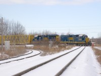 With roadslug CSXT 2218, GP40-2 CSXT 6943 and 6 cars, CSXT B763 is crossing the CSX/CN diamond at Cecile Jct on its way to terminating in nearby Beauharnois. The CSX tracks are likely to become CN's once their acquisition of this line is finalized.