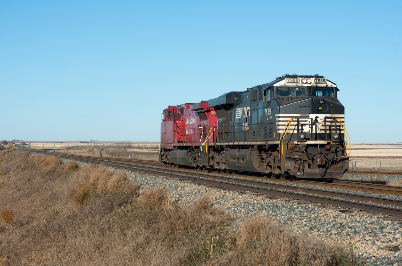 NS 7589 looks a little out of place at the west end of Wilkie Saskatchewan. Wilkie is a home terminal that covers six different subdivisions, the little group of switches to the left is the junction between the Hardisty, Lloydminster, and Reford Subdivisions.