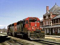 The yard engine sits on spot downtown in front of the station while the crew grabs a lunch. The Canadian Northern built station is a designated heritage building and has been renovated as an office building