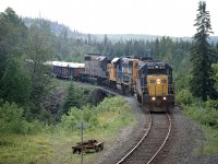 Up from Englehart and around thru Swastika Junction, the Rouyn-Noranda Turn with ONR 1804, 1800 and 1731 enters the Kirkland Lake sub running eastward. ONR 1731 is now gone from the roster, sold to Progress Rail in 2005.