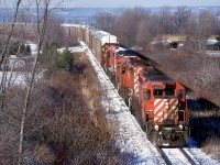 CP 5626, CP 5703, CP 5590, CP 1103 and CP 6043 lead a southbound train climbing the Niagara escarpment at Vinemount on a beautiful sunny but bitterly cold day.  Always a favourite photo of mine, and notable as it was the last day I saw Reg Button before he passed away.  I was in a hurry to get here for the shot so I didn't stop to talk to him at Kinnear but at least I got to wave goodbye. 