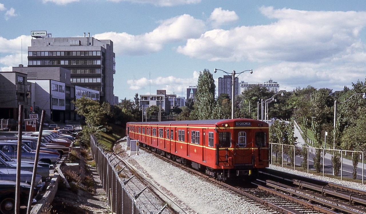 An unknown photographer (possibly Peter Jobe) caught this TTC subway train north of Bloor in Toronto on September 9, 1972.