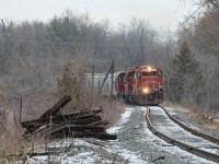 SOO 4410 leads CP T07 with a string of cement hoppers down the Havelock sub with very old SOO 4410 leading the way 