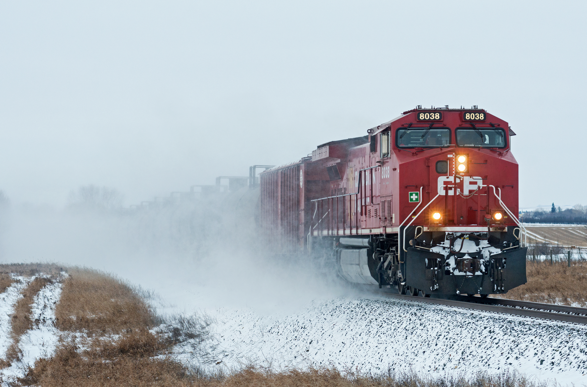 Railpictures.ca Matt Watson Photo CP 8038 East kicks up some white