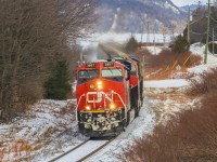 Only the second 730 potash train to run down here since last May, potash train 730 rounds the bend at Renforth, approaching it's final destination of Saint John, New Brunswick. 