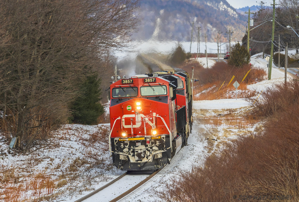 Only the second 730 potash train to run down here since last May, potash train 730 rounds the bend at Renforth, approaching it's final destination of Saint John, New Brunswick.