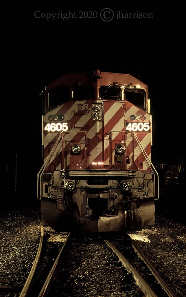 These days, 2300 hrs. is way past my bed time, but back in the day ... This shot of BCR 4605, a GE C40-8M built in 1990, was taken in the yard at Lillooet. There was a group of us on this road trip and I can remember all of us wandering around the yard freely. How times have changed, and I suppose for good reason. This is a 15 sec. exposure at f5.6