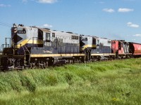 This train headed out on Monday as 836, the jet fuel train, taking loaded tanks to the air force base at Cold Lake. Here it is on Tuesday, returning home as an extra, with grain loads and empty tanks. The consist has the 4609 Ft. McMurray, 4611 Barrhead and the 4345. The ex-NAR units give a twist to elephant style, the 4345 being a long hood forward unit. I have written in my notes that the 4609 was either not running or in idle as it went by, just the rear 2 were pulling. Photo taken almost 3 miles west of Redwater at 12:30.