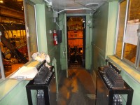 Here is the operators view from the control stand area through the open front door of Jordan spreader CP 402877. The new hydraulic controls have yet to be put to work in this newly refurbished 1953 built unit as the finishing touches are being made inside Building H at CP's Weston Shop complex. In one month less a day this machine will be off loaded at Banff, AB then moved to Lake Louise, AB for its winter assignment.