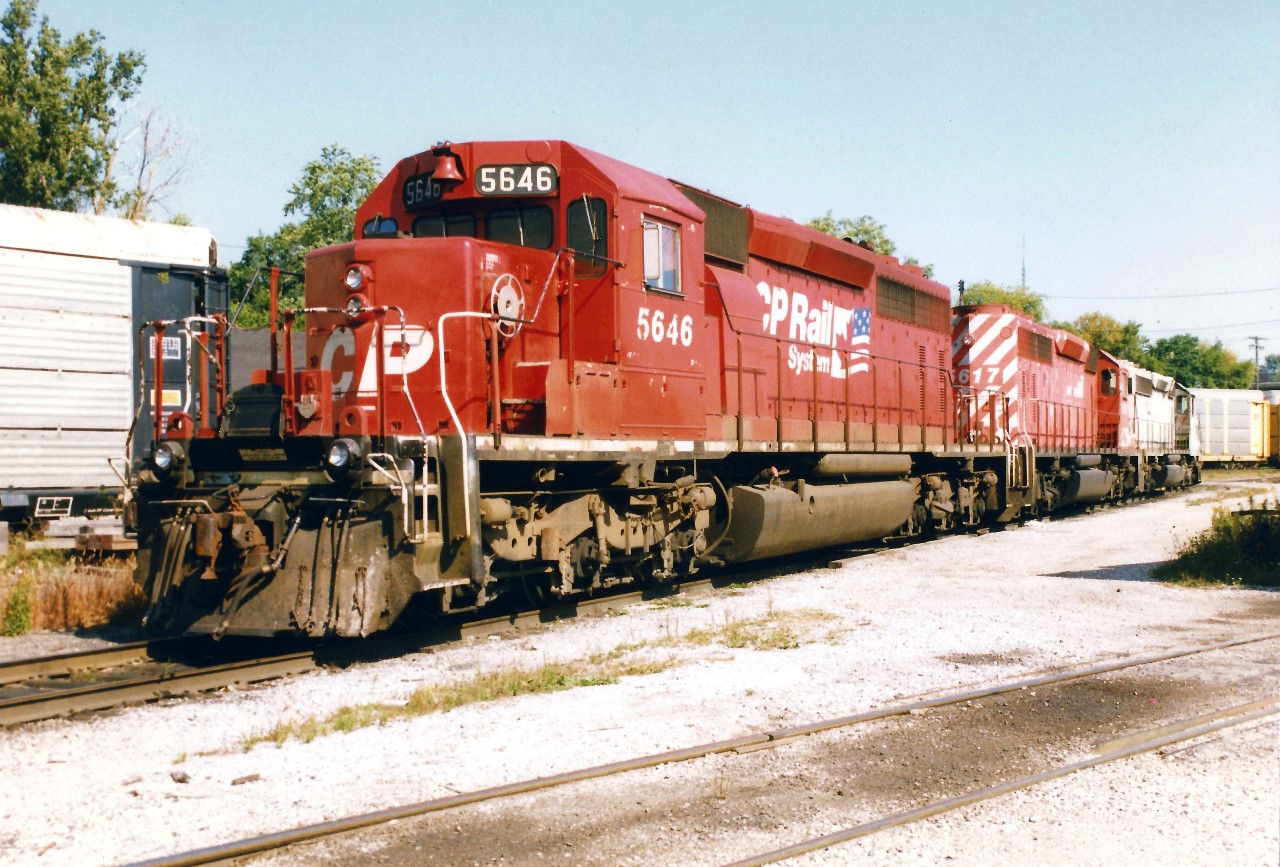 CP Rail SD40-2's 5646, 5617 and 5449 layover in London's Quebec Street yard while CP's Logo Train was on display. SD40-2 5646 was distinctive as it was the only SD40-2 that had it's CP nose decal's applied below the headlight.