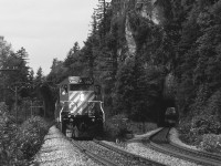 CP 5867, headed east and just out of the tunnel. The train will pass through Agassiz next as it heads for the Fraser Canyon and beyond. 