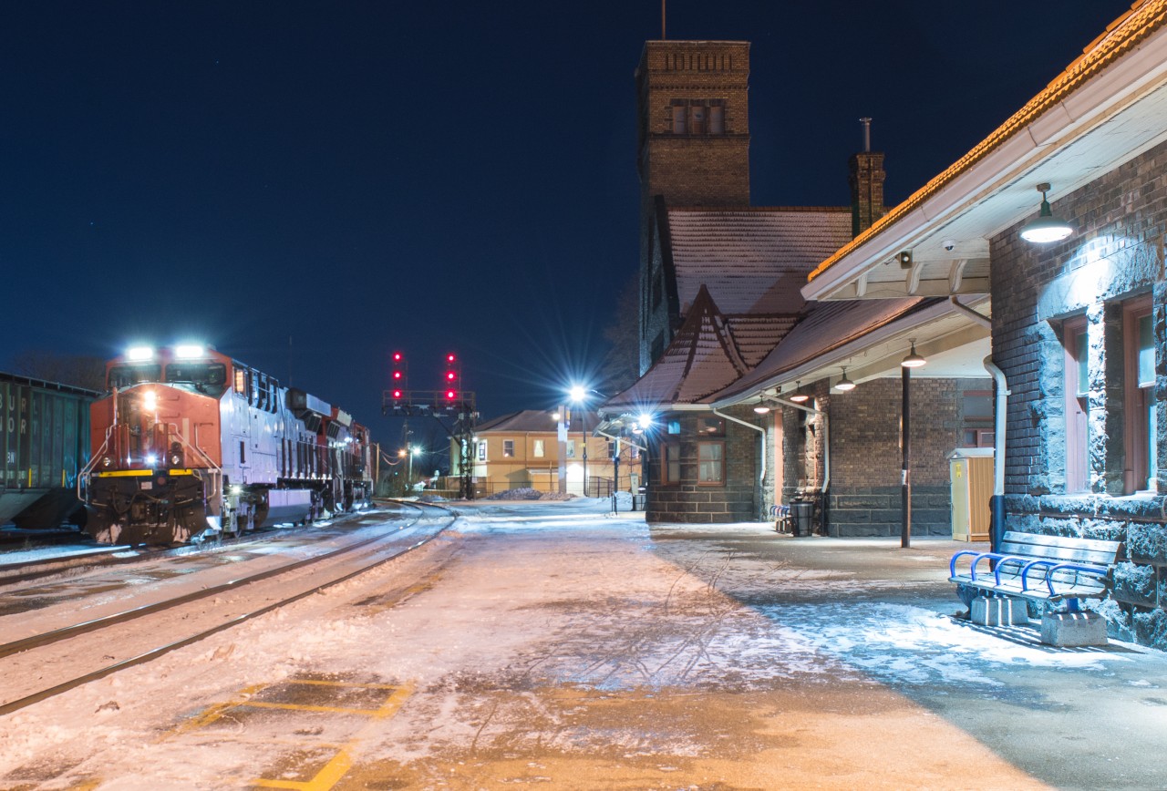 On a frigid cold Sunday night, CN 435 sits outlawed at Brantford Via Station.  The crew that originated out of Toronto filed for rest before arriving at Brantford which lead to them parking in a good spot for night shots of a Westbound train.  The day before Ontario received a blast of winter weather that caused havoc on the railroad.
