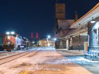 On a frigid cold Sunday night, CN 435 sits outlawed at Brantford Via Station.  The crew that originated out of Toronto filed for rest before arriving at Brantford which lead to them parking in a good spot for night shots of a Westbound train.  The day before Ontario received a blast of winter weather that caused havoc on the railroad.