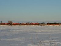 As first light takes over the treeline to start a classically cold January morning, this "only on CP!" kind of consist brings train 420 out of Utopia down towards Spence with a couple hours of switching to do there. 
<br>
<br>This is the first Thunder Bay built TTC streetcar I've ever noticed up front like this, usually being found towards the tail end, making for a unique opportunity to put some old and new together while TTC's #4603 works it's way towards Toronto. 

