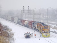 After being held out of Southwark Yard for a short period, the conductor has thrown the switch and SLR 393 is slowly pulling into the yard with SLR 3007, SLR 3008, QGRY 3014, QGRY 6904 for power and 42 cars. Six days a week the St. Lawrence & Atlantic sends a train from Richmond to Southwark Yard and return, using its own tracks as well as trackage rights on CN's St-Hyacinthe Sub.
