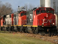 CN train L540 with a trio of GP38-2(W)’s 4761, 4777 and 4781 crosses Queen Street in Kitchener on the Huron Park Spur with a sizeable train. The train worked the interchange with Canadian Pacific as well as switched Ampacet Canada Corporation. This was the only time during 2019 that a train worked the Huron Park Spur with three GP38-2(W)’s.

