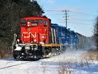 CN L568 heads west through Baden on the Guelph Subdivision with CN 1439, GMTX 2279 and GMTX 2289. The train was on route to Stratford to set-off and lift traffic with the Goderich-Exeter Railway as well as service customers on the west end of the line.