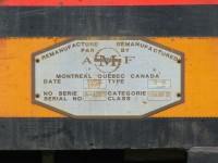 The re-manufactured plate on CN GP9RM 7080 still proudly displays all the details of it's second life even after 26 years of steady continuous service. On this day it was in the consist of CN L568 at Kitchener, Ontario. It was former CN GP9 4377. 