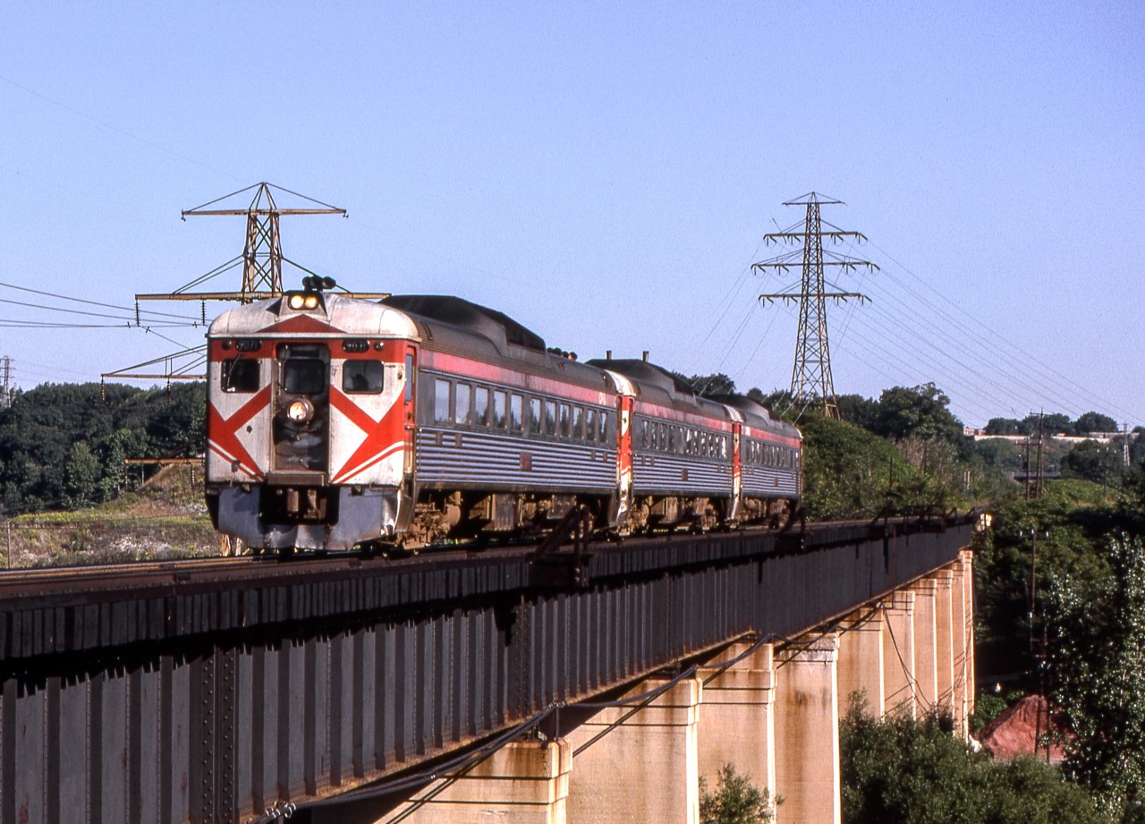 Peter Jobe photographed VIA # 191 with CP 9071, 9061, and 9308 heading west over the  Don Valley in Toronto at 9:45 A.M. on September 6, 1980.