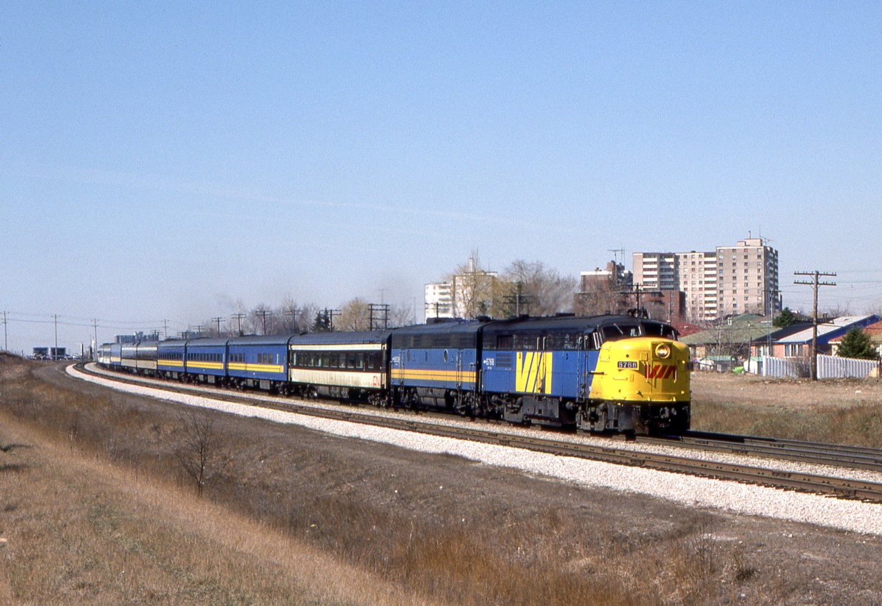 Peter Jobe photographed VIA 6768 with train #44 eastbound at Markham Road in Scarborough, Ontario at 9:40 A.M. on April 17, 1980.