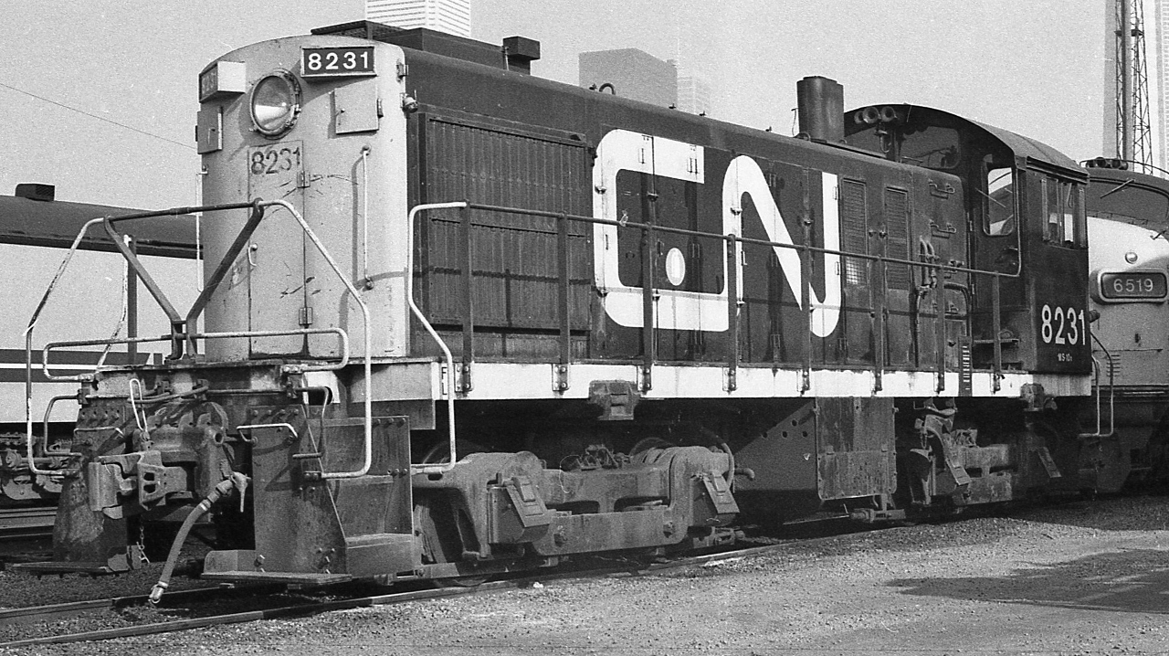 …. yard power …. and given....
 

... GMD F's and MLW FPA's were so common – unlike VIA F40PH-3's today, which are really uncommon compared to the numbers of F's and FPA”s (at that time)  on the respective CN – CP rosters... 
 

….CN #8231 was an interesting contrast....
 

 MLW built S-7 ( circa 1957)  awaits next assignment
 

  at CN  Spadina, spring 1977 Kodak Tri X negative by S. Danko


 what's interesting
 

 Note the plain bearing axles on those trucks – no MU cables – 'road' diesel horn
 

 all CN 8200's retired or sold by 1985 – to my knowledge VIA did not 'own' any S-7's ( or S-13's )
 

  assignments for CN 8200's  included coach yard duties at Spadina ( and in Montreal too I believe) to deliver and retrieve passenger, baggage, mail and express cars to / from the coach yard and station, express and post office platforms as well as road power deliveries to /  from the service facilities - and in later years the younger S-13 8500's took over some duties 


...background left, that is a converted conventional baggage car ( CCF built ) with head end power plant ( electric generator ) to supply power for TEMPO cars ( when a head end generator equipped RS-18m not available ie CN 3150 to 3155 )... 
 

 ...[ the TEMPO cars, built by HS and based on the TTC subway cars of same vintage, did not last long in VIA service: most TEMPO equipment sold ( 1988 ? )  to D&RGW for their Ski Train  and in 2009 bought by  ACR Inc. a subsidiary of CN to service the ACR tourist route – an interesting 're-purchase' given CN originated and ordered the TEMPO equipment  new ( an exception for CN )  from  Hawker Siddeley  (Thunder Bay plant )  ]


   line up 8200's & 8500's   


   8500's on duty   
 

sdfourty
