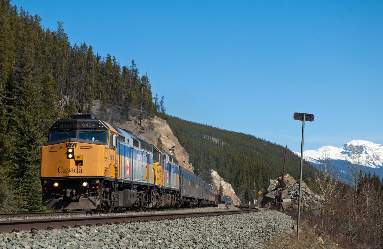 VIA Rail's "Canadian" makes its way the west side of Jasper National Park on a beautiful first day of May.