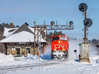 On the ninth day of the Wet'suwet'en First Nation rail blockade in Ontario - a day after CN announced it would "shut down its Eastern Canada network" - a handful of trains took the scenic route over the Ontario Northland Railway to reach their respective destinations of Toronto (southbound) and Northern Quebec (northbound). Here, detoured CN stack train no. 149 is seen racing southbound along ONR's Temagami Subdivision, kicking up snow by line's gorgeous namesake station.