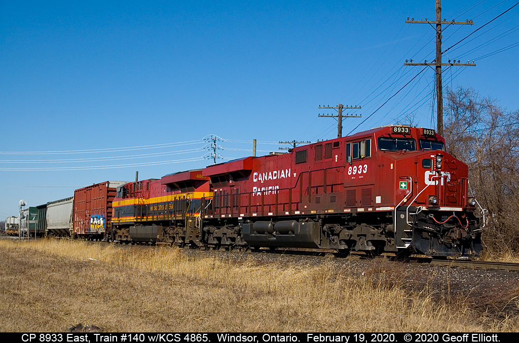 CP train #140 with CP 8933 and KCS 'Belle' #4865 make a shove into CP's Windsor Yard to setoff/lift cars before departing town on February 19, 2020.
