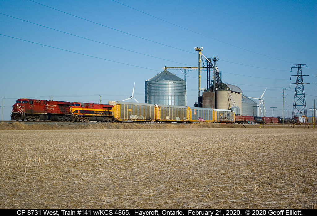 Slow boat to China.....  CP 8731 and KCS 4865 lead train #141 through Haycroft, Ontario and past the big mill at a whopping 25mph on February 21, 2020.  Apparently they were having power problems from the time they left London and couldn't muster any speed.  They departed London at 11:14a.m. and in this shot it is 3:24pm, a whole 4 hours and 10 minutes to come the 86 miles from London to Haycroft!!  It was still worth the wait though....   :-)