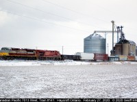 CP Heritage Unit #7013 leads train #141 through Haycroft, Ontario on the CP Windsor Subdivision on a very cold and windy February 27th, 2020.