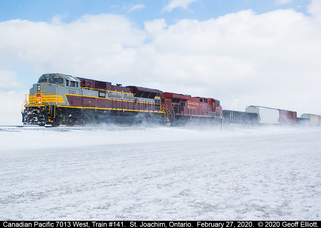 Now this is winter Railfanning.  The wind and snow blow hard as CP 7013, in it's beautiful script heritage scheme, leads train #141 through the flat-lands of Essex County as it approaches St. Joachim, Ontario on February 27, 2020.