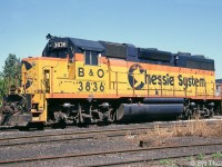 B&O GP38 3836 is pictured outside the C&O's shops in Chatham in July of 1986. The "Chessie System" livery introduced in the mid-70's featured the initials of which road in the family owned the unit, typically B&O, C&O, or WM. Later most had it painted out and changed to CSXT lettering.
