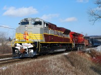 CP 246 slowly grinds its way along the Galt Sub. with CP 7014 leading.  For once the sun appeared as the train approached rather then disappear; you can see a few cars back that they are in cloud. At Guelph Jct. the train will head south down the Hamilton Sub., pass waiting CP 255 at Dejardins and then stop at Kinnear to work. There were lots out to see 246 today, lets see some other photos!  Thanks to those that provide the heads-up.  