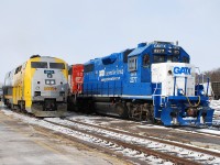 A colourful scene presented itself as VIA 72 made its station stop in Brantford and was passed by CN 580 returning from Paris.  A short glimpse of variety on the main line instead of the seemingly endless monotony of CN Gevos and SD75Is. 