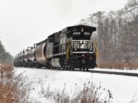 Because of the ongoing protests in the Belleville area, CP 650 tied down in Wolverton on Wednesday for the night. Today, it headed east on a detour route which took it down the Hamilton sub instead of using the Galt sub. With a new train number of 254-2, and with a light snow falling, CP 8915 led it past the detector at mile 72 with the highlight of the train, NS 4224 pushing from the rear. This being one of the new 'key' trains, it was crawling along as it made its way south approaching the steep downhill grade to Hamilton.