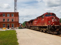 CP 142 arrived at Smiths Falls at 1339 hrs on August 11, 2019. A member of the incoming crew has just popped inside the office to confer with the dispatcher; as soon as he returns, the outgoing crew will throttle up and 142 will get its roll-by. In total the wheels were stopped for less than three minutes.