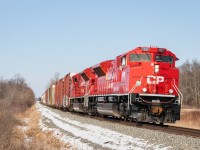 CP 246 approaches Welland with a pair of red CP SD70ACUs, the leader being almost brand new.