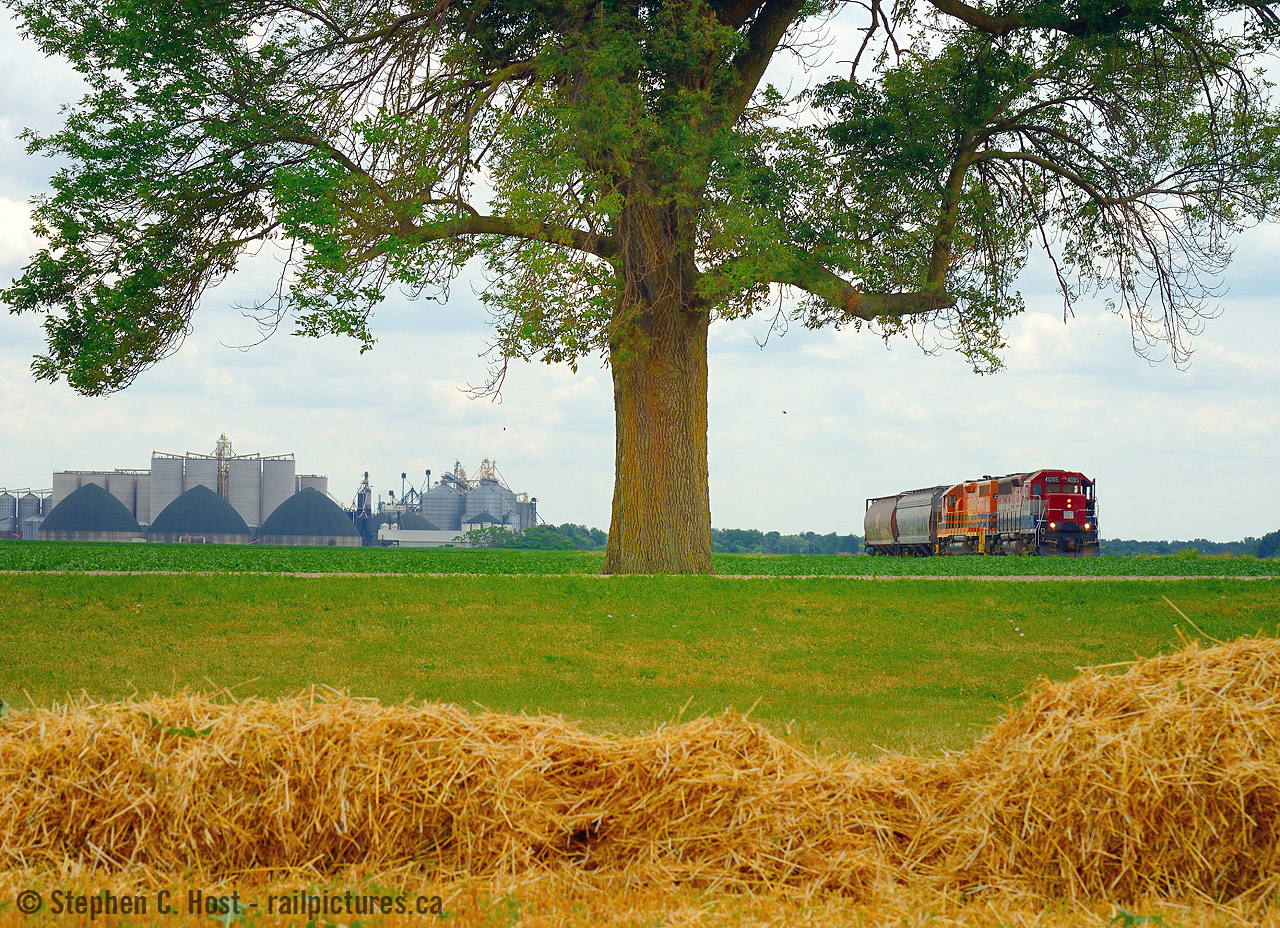 Two frames split by a tree. One side of the frame is the huge Hensall district Co-Op, this place is friggin' huge. On the other side is GEXR 581 departing North with 2 cars lifted from W.G. Thompson's of Hensall, located just south of the co-op. 581 made a light power move round trip from Stratford to Hensall - for this. There was no other work.