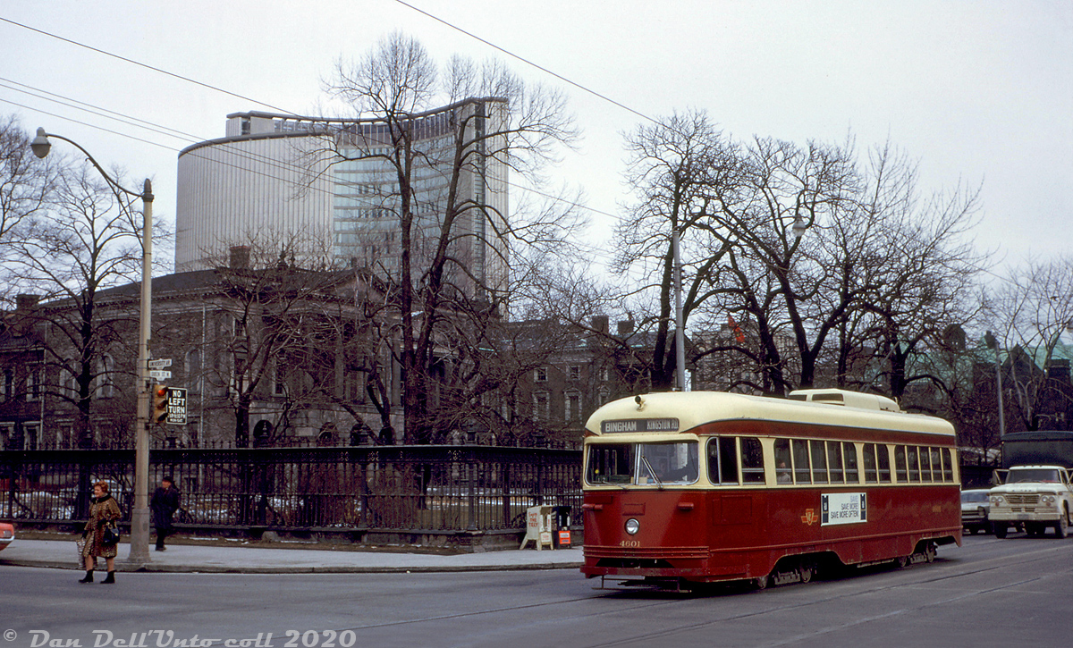 A gloomy February day in 1966 finds TTC PCC 4601 (an ex-Cincinnati A10-class car) operating on a Kingston Road run, heading westbound on Queen Street crossing University Avenue. Visible in the background is Osgoode Hall (dating from 1832) juxtaposed with a more modern piece of architecture: the new iconic Toronto City Hall, that officially opened just a few months earlier September 1965.

John F. Bromley photo, Dan Dell'Unto collection.