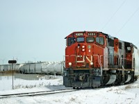 A pair of SD40-2(W)s, CN 5320 and 5268 work on the Fort Sakatchewan Industrial Lead taking hoppers and tanks to the Dow chemical plant. 