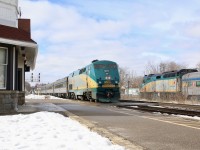 Things got a little interesting with a broken rail on the Guelph subdivision delaying train 84 by a couple hours, then CN 570 had a hot wheel backing up traffic near Milton. In the end VIA train 85 was diverted to one of the GO Transit storage tracks in Georgetown for about an 45 minutes to wait for the arrival of train 84. Here the two train can be seen meeting at the station, in a minute one passenger will board and both trains will be on their way.