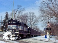 Hard to believe 13 years have past since I captured this image. The snow train was always a popular Credit Valley Explorer train not just for passengers but photographers as well. The tourist trains on this line are definitely missed these days. Here classic OBRY GP9 1000 passes through Inglewood with a tourist train headed to Snelgrove where it will swop ends for the trip back to Orangeville. Sadly this unit was retired about a year ago from Cando's fleet and is awaiting the scrappers torch out in Manitoba. 