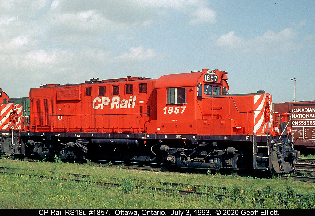 CP RS18u #1857 rests quietly at Walkley Yard in Ottawa, Ontario back on July 3, 1993.