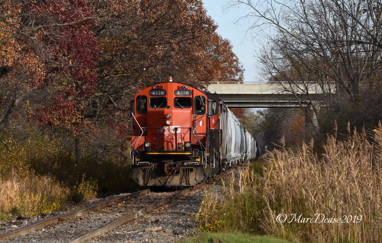CN 4138 leads he daily St. Clair Industrial job out of Sarnia, ON., heading for Terra Industries and NOVA Chemicals.